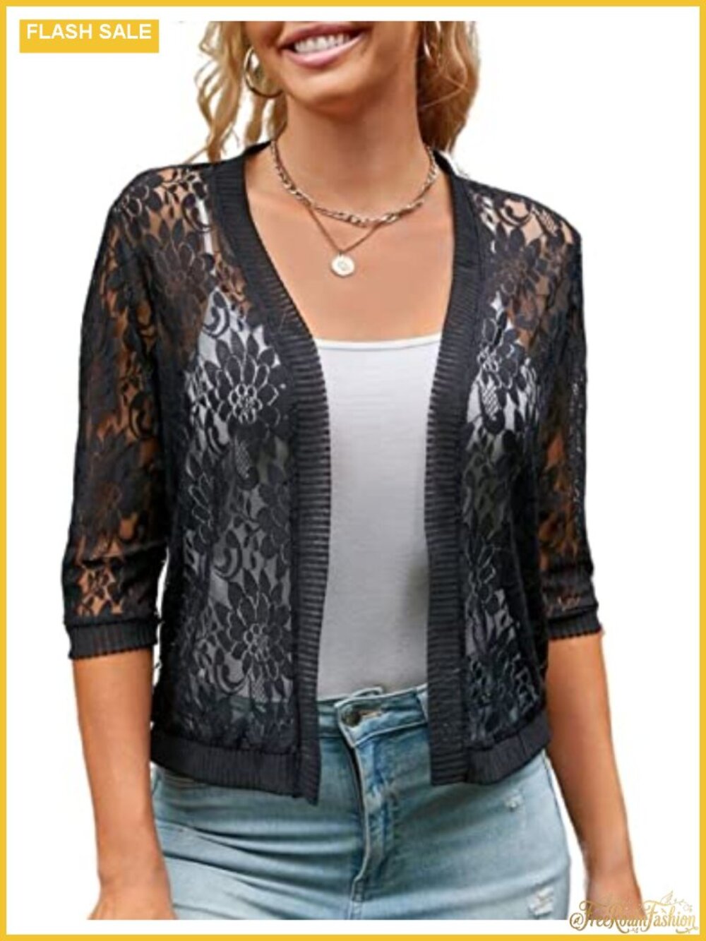 Women's 3/4 Sleeve Lace Cardigan Casual Open Front Floral Shrug Summer Cover Up